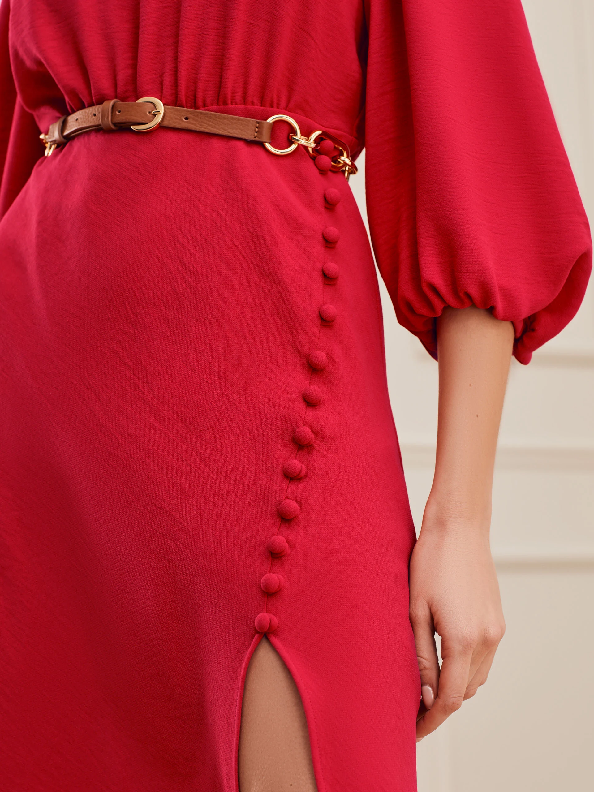 RED DRESS WITH COATED BUTTONS