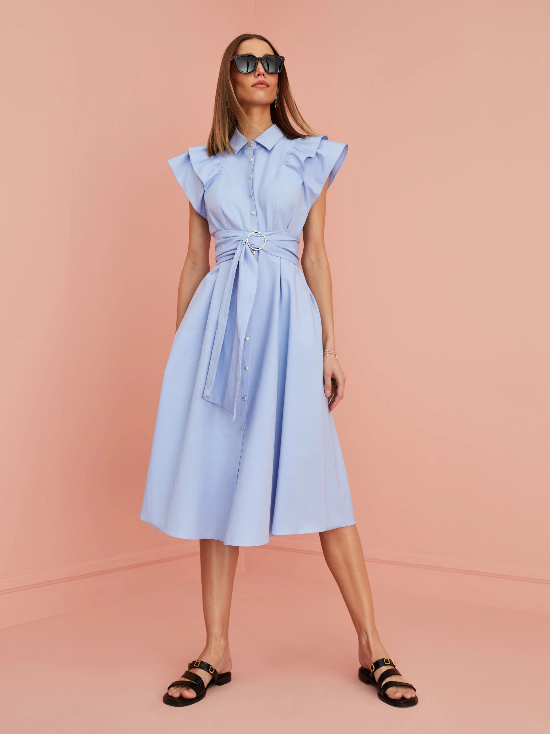 BLUE DRESS WITH RUFFLED SLEEVES