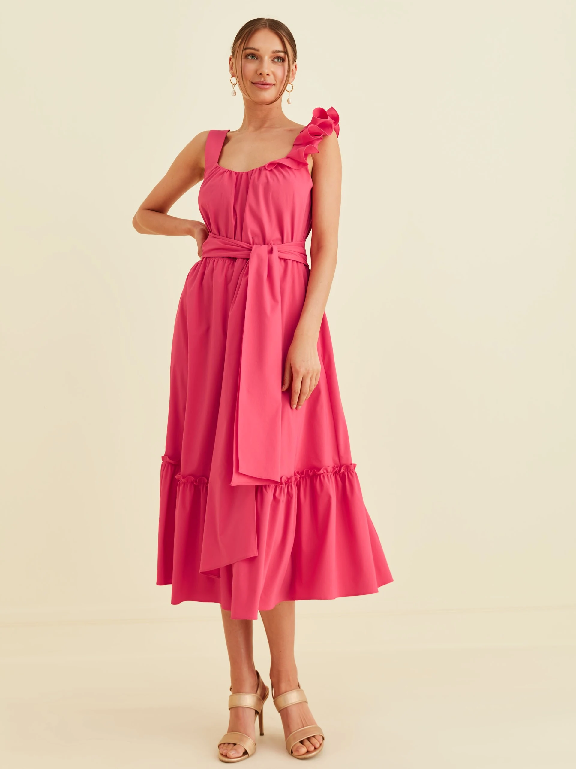 PINK DRESS WITH FRILLS AND WAIST TIE