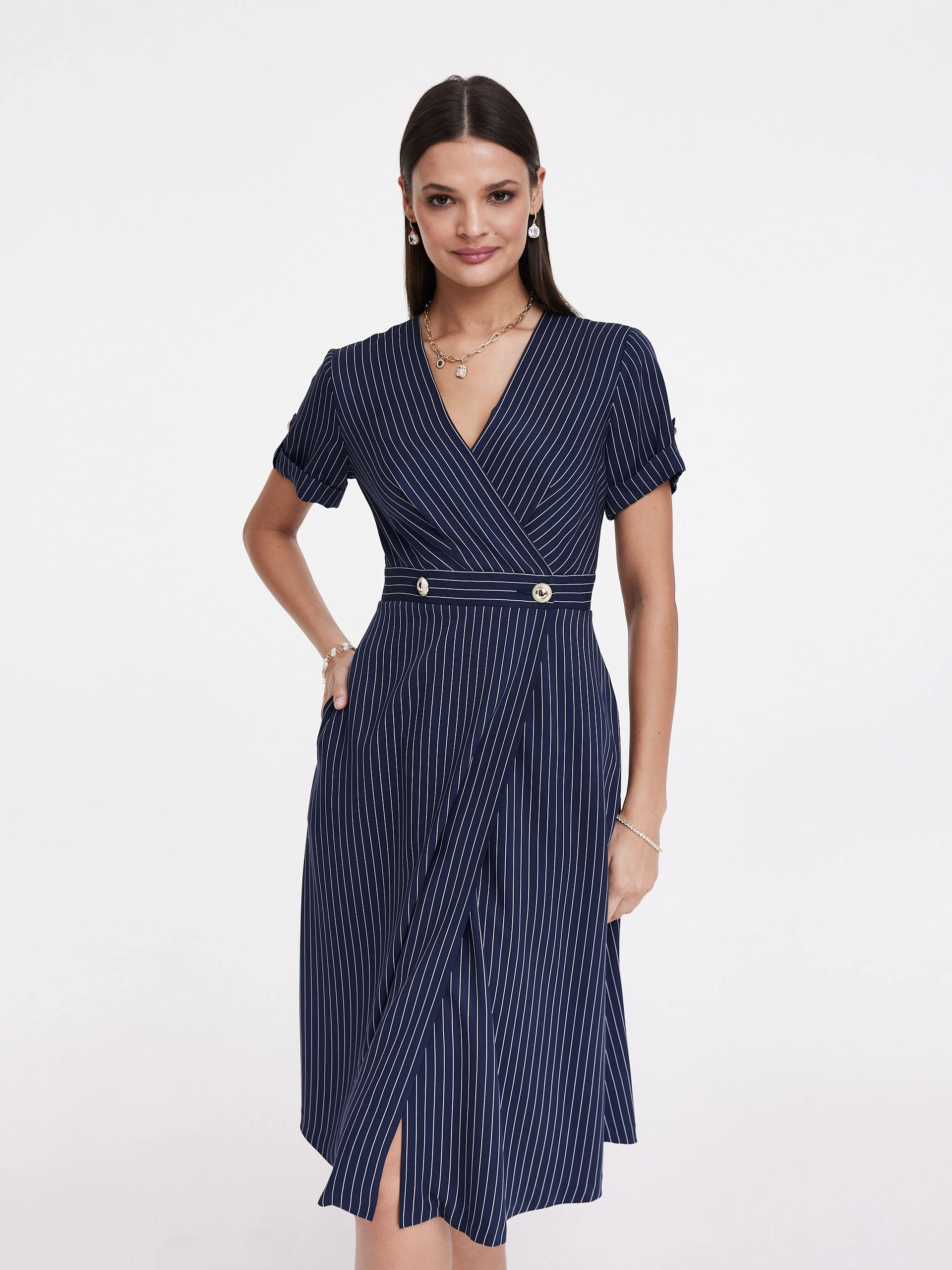 Navy blue dress with white stripes