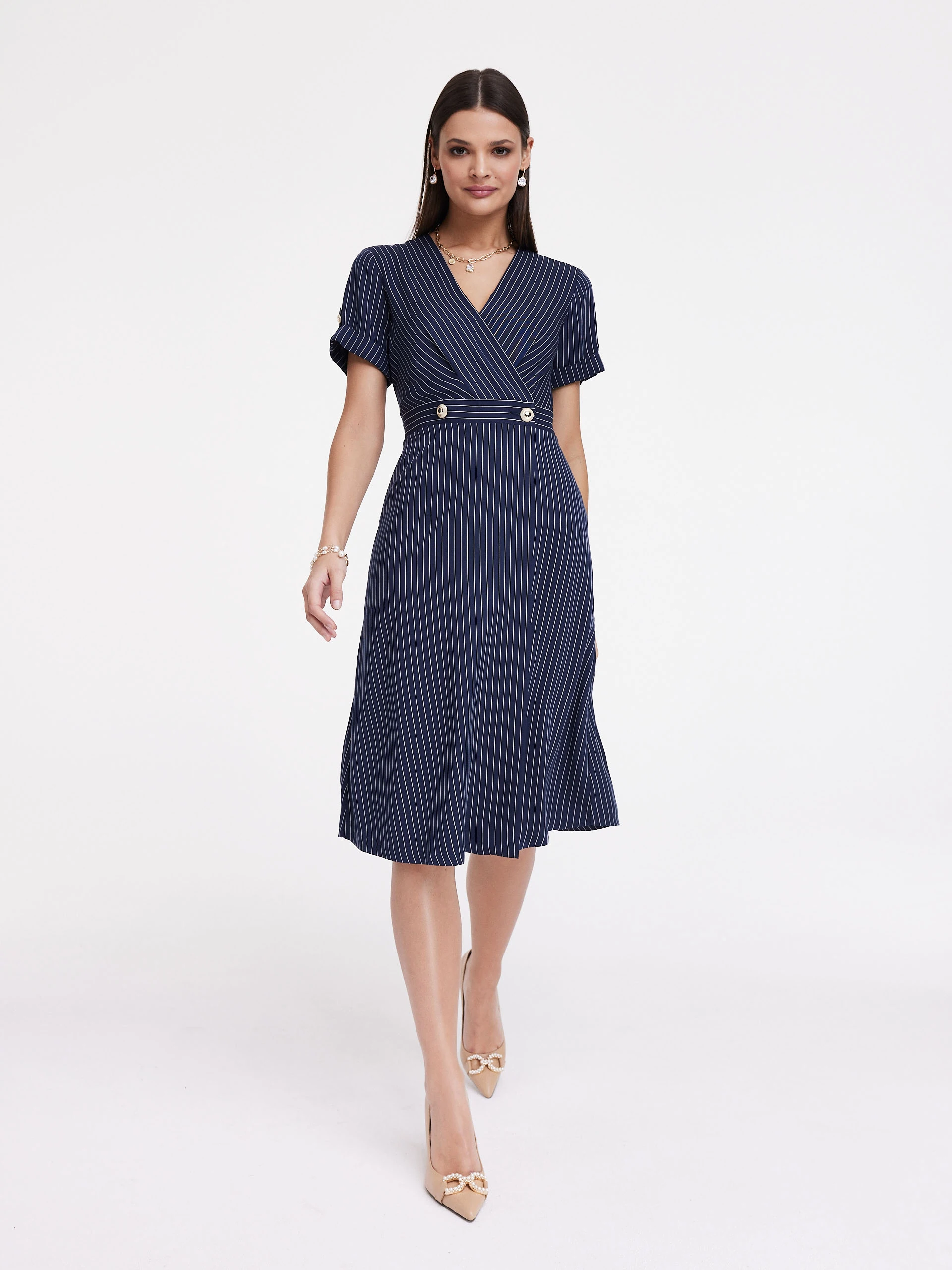 Navy blue dress with white stripes