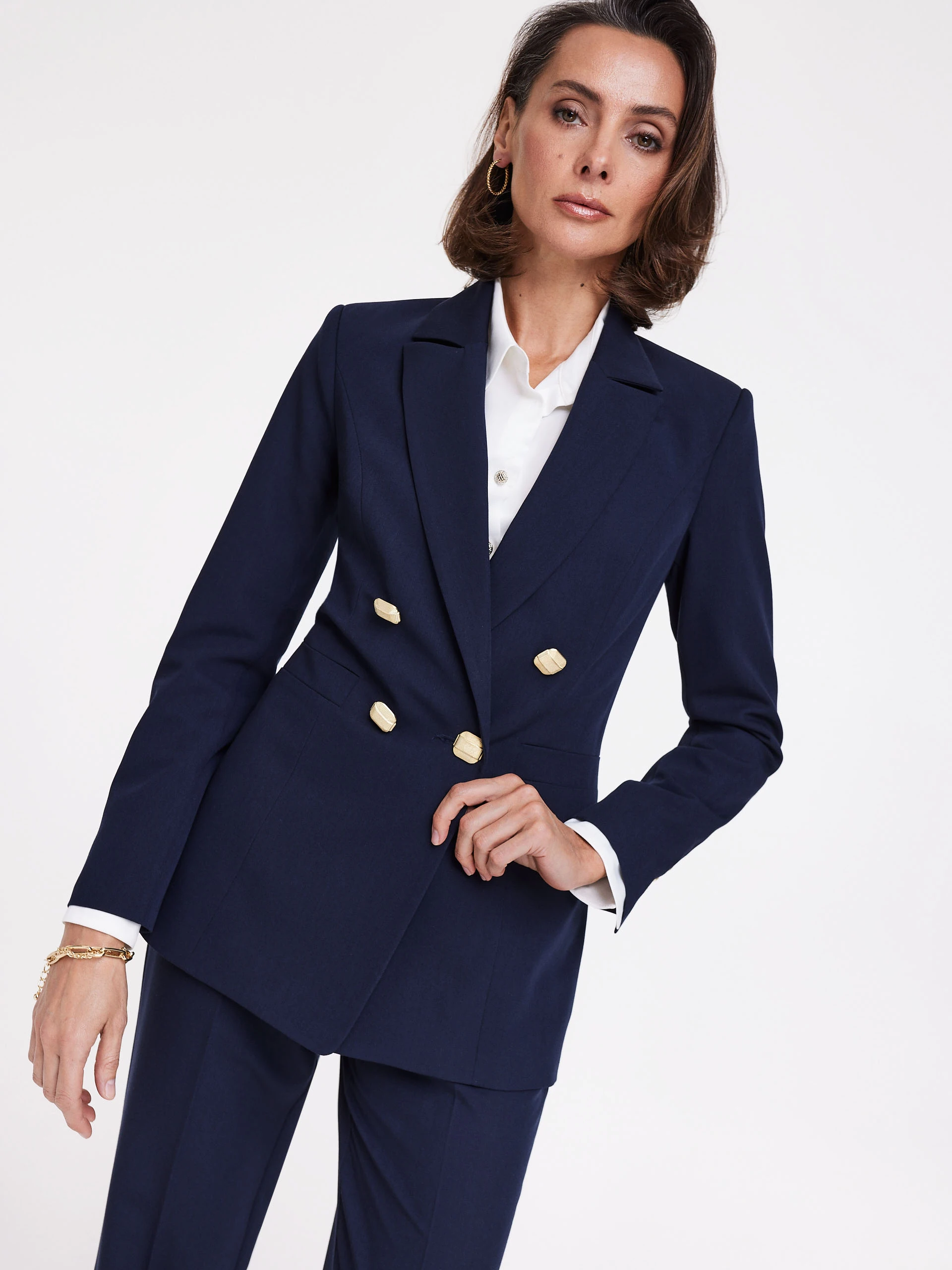 Navy blue jacket with gold buttons