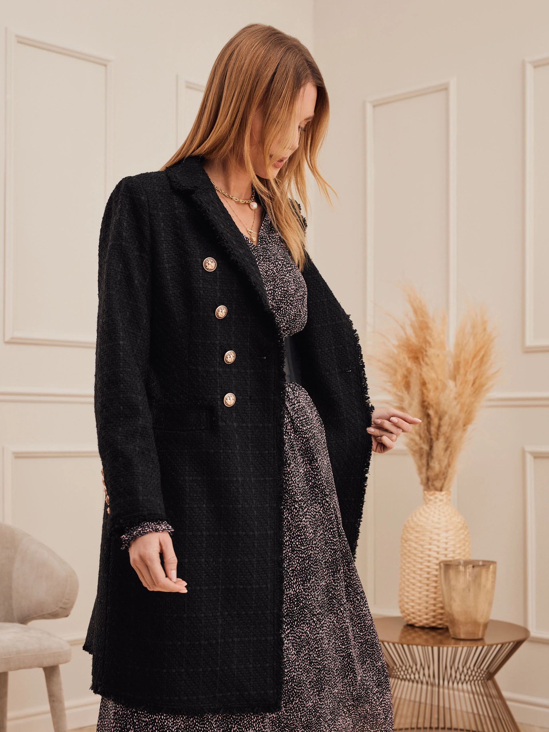 BLACK TWEED COAT WITH BUTTONS