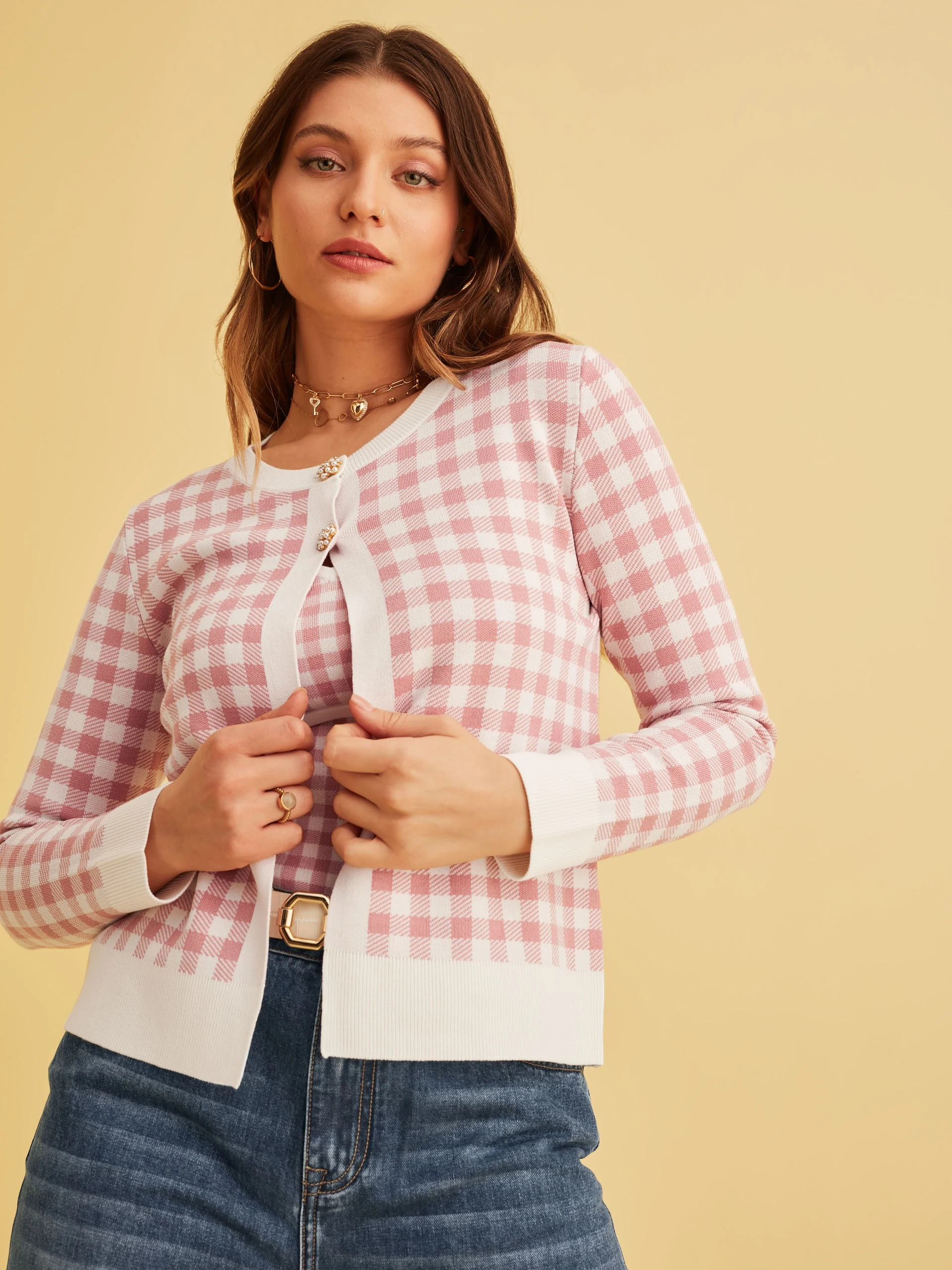 PINK AND WHITE CHECKED SWEATER
