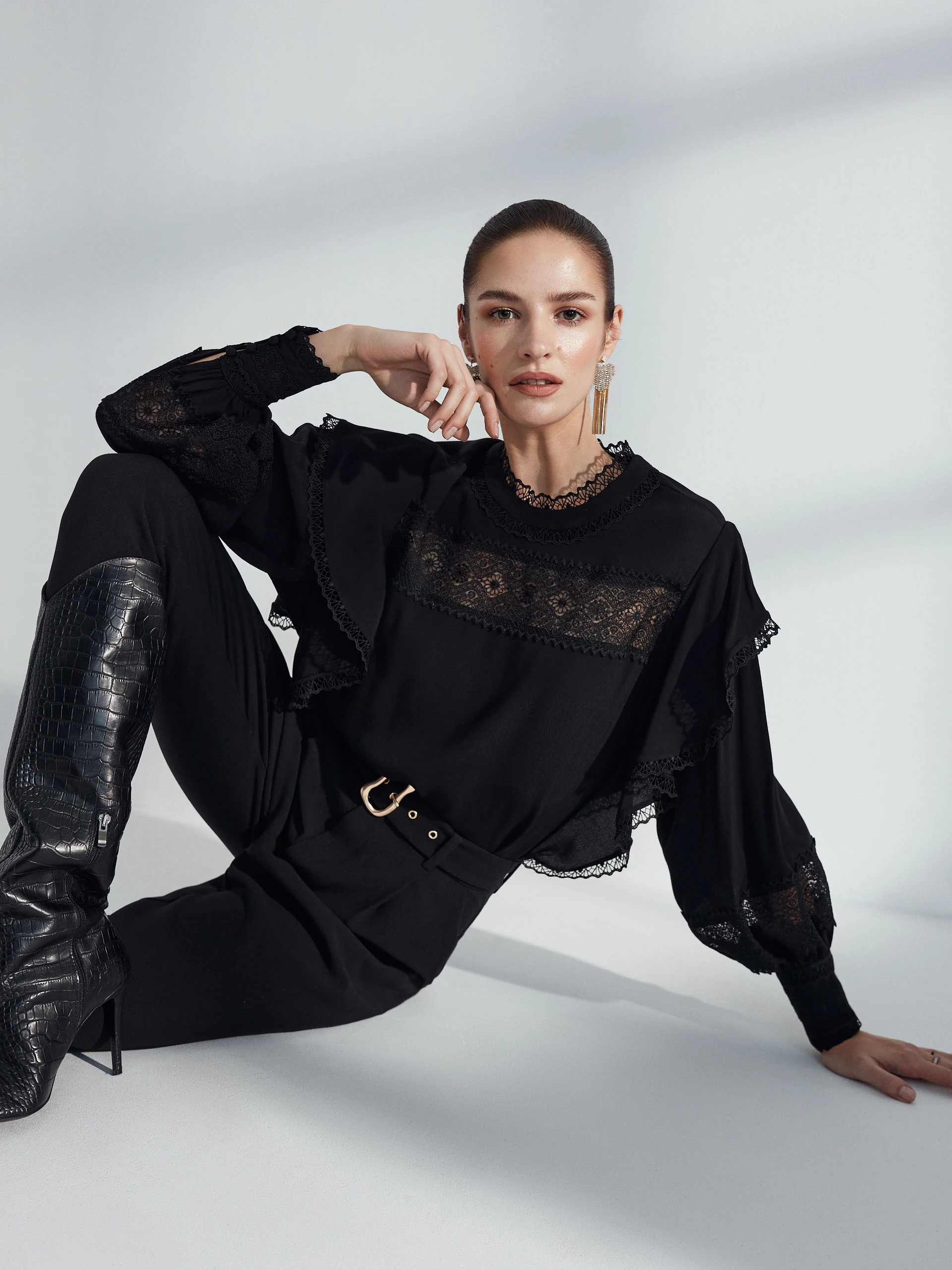 Black blouse with lace inserts