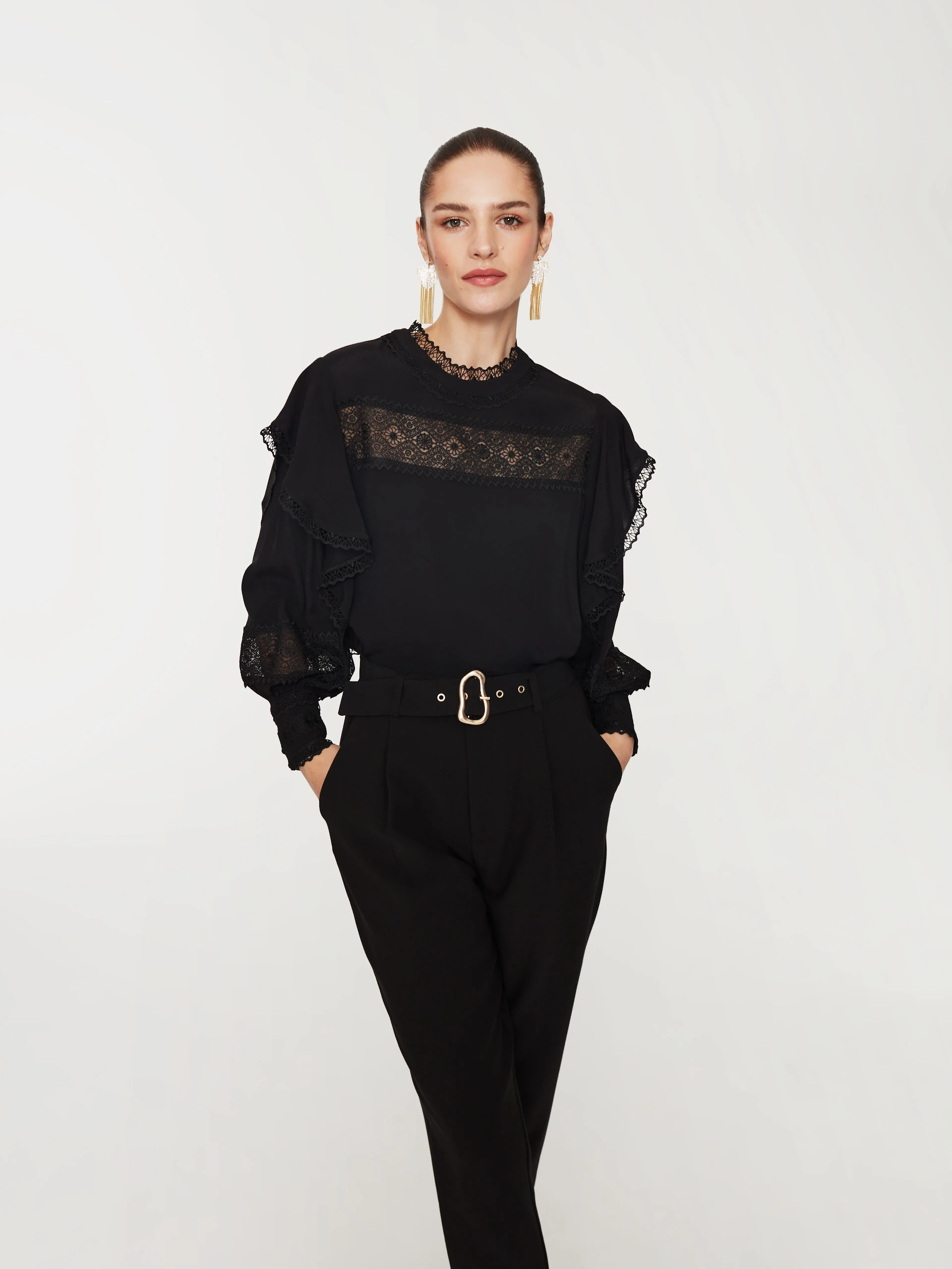Black blouse with lace inserts