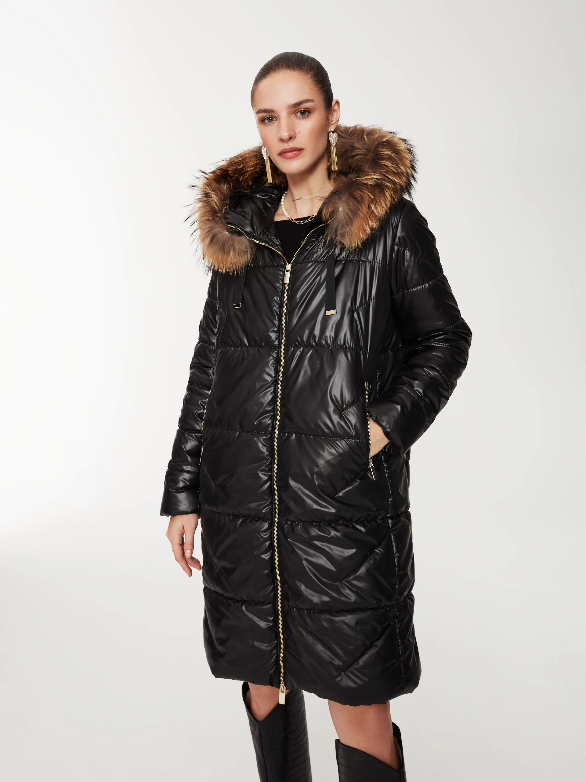 Black quilted coat with hood