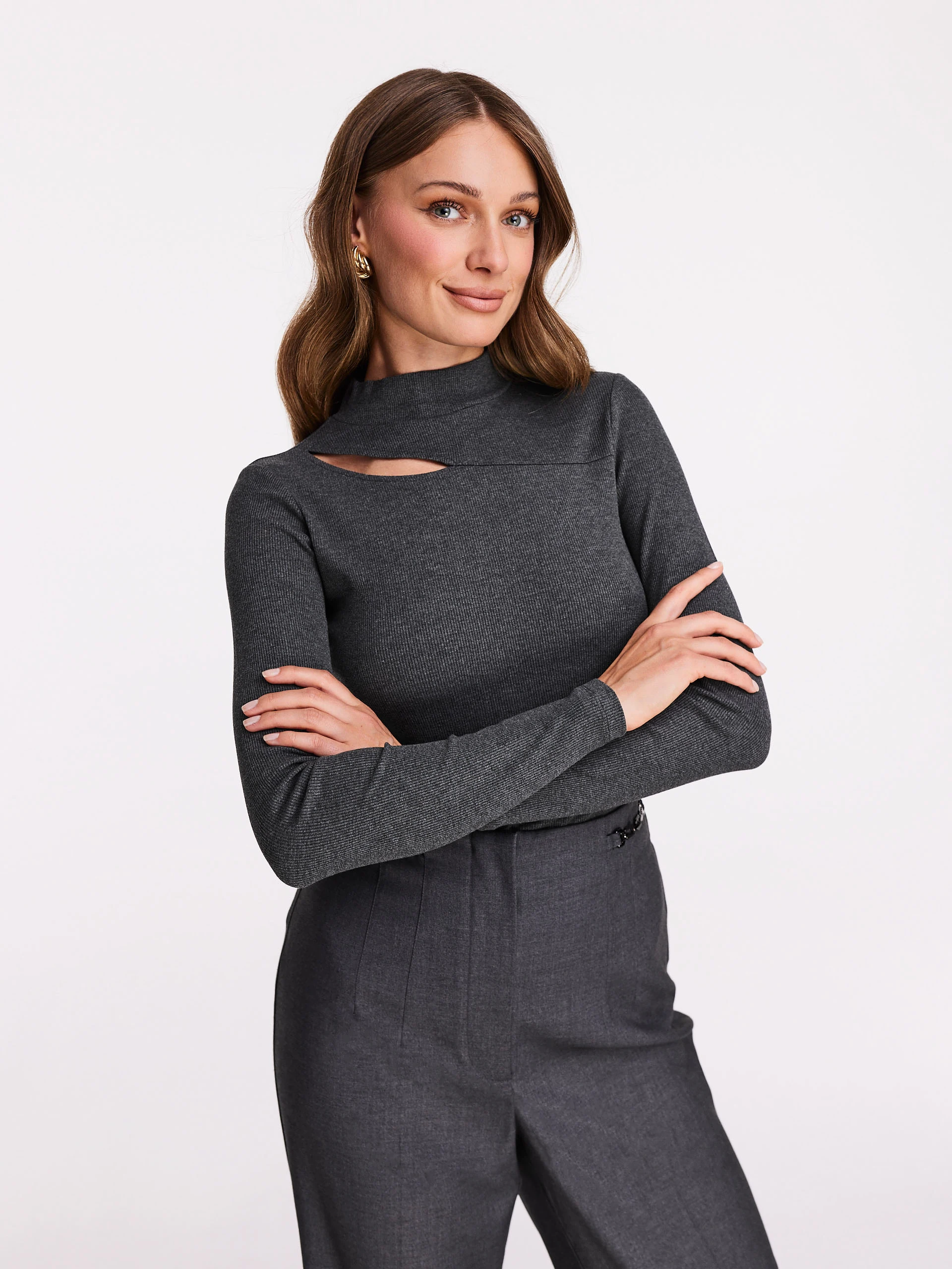 Grey fitted half turtleneck with cut out