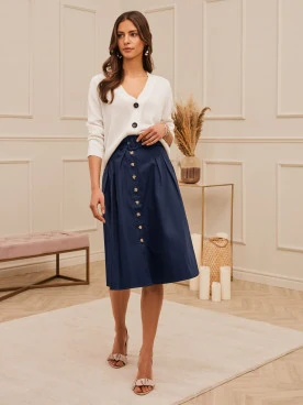 NAVY BLUE MIDI SKIRT WITH PLEATS