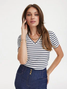 White T-shirt with navy blue stripes