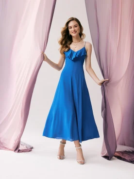 Cobalt long dress with ruffle