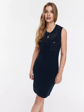 Fitted navy dress above the knee
