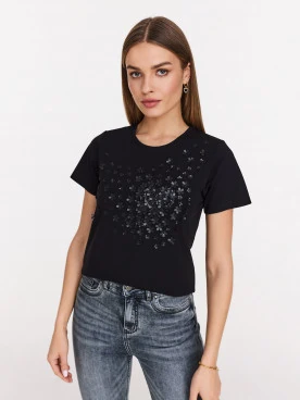 Black blouse with short sleeves and floral appliqué