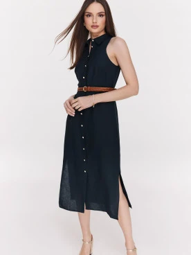 Navy blue button-down midi dress