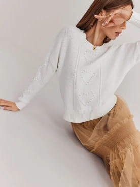 Cotton white sweater with openwork inserts