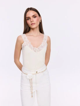 Creamy top with lace trim
