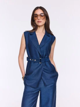 Navy blue waistcoat with a linen and viscose belt