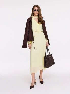 Light yellow viscose midi dress with frill
