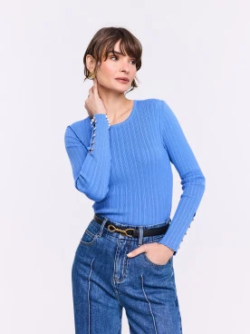Blue fitted ribbed knit sweater