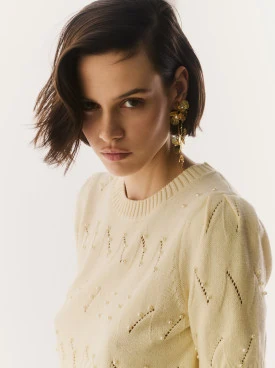 Openwork cream sweater with short sleeves