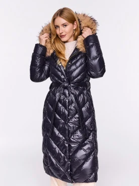 Long down coat with hood in black