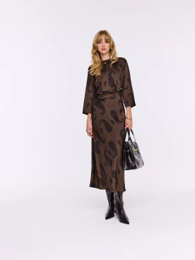 Satin midi dress with chocolate paisley pattern