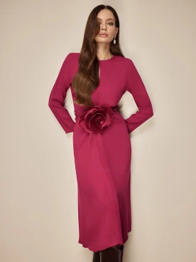 Burgundy flared midi dress with belt