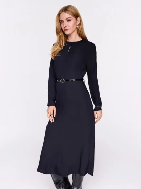 Flared black midi dress with belt
