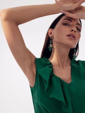 Long earrings with green and pink stones