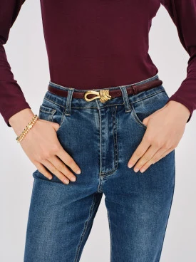 Burgundy leather belt with large buckle