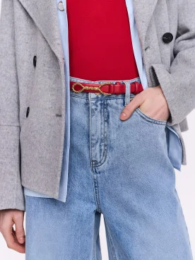 Red bombato leather belt with decorative buckle