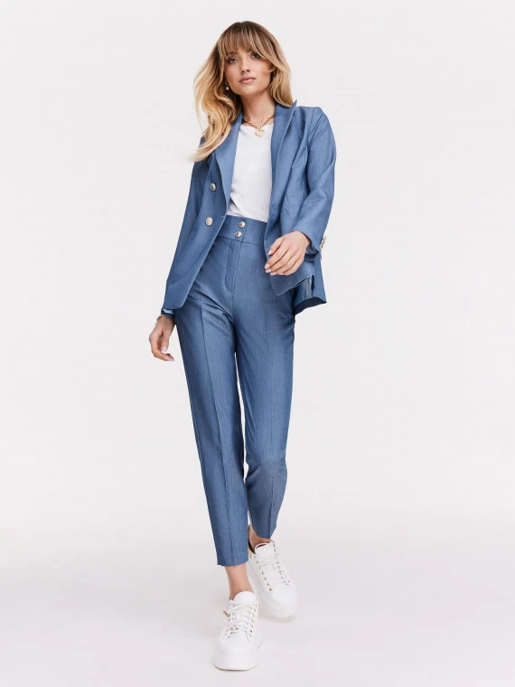 Blue pants with narrow legs and high rise