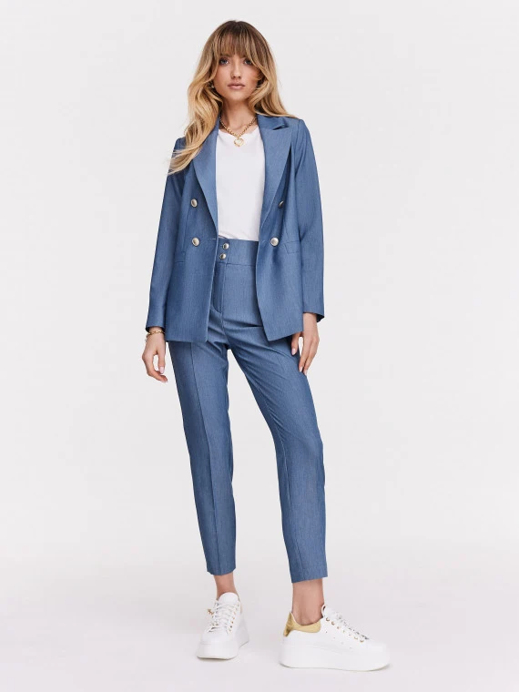 Blue pants with narrow legs and high rise