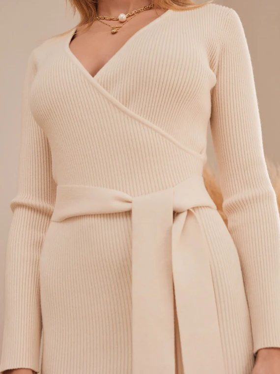 BEIGE KNITTED DRESS WITH BINDING