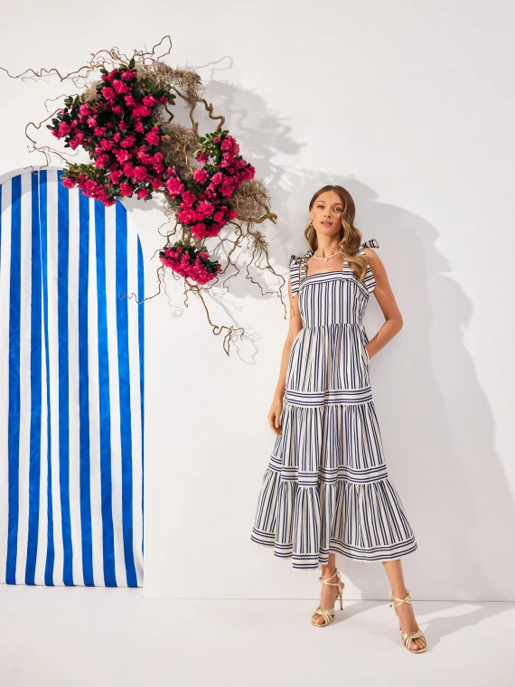 Long striped dress with viscose and linen
