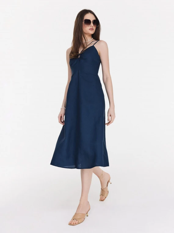 Elegant navy blue strapless midi dress