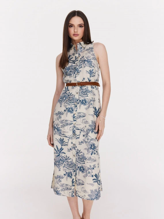 White knee-length dress with blue patterns