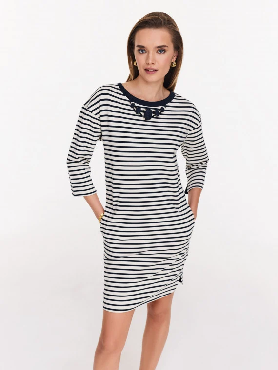 Cream striped dress with a straight cut