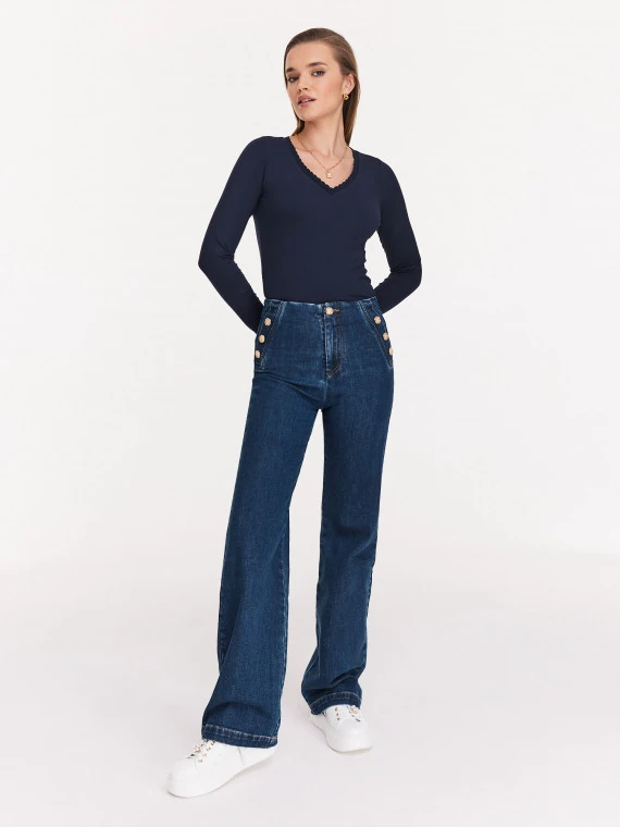Navy blue denim pants with flared legs
