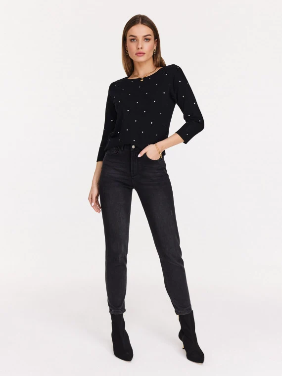 Black viscose sweater with hearts