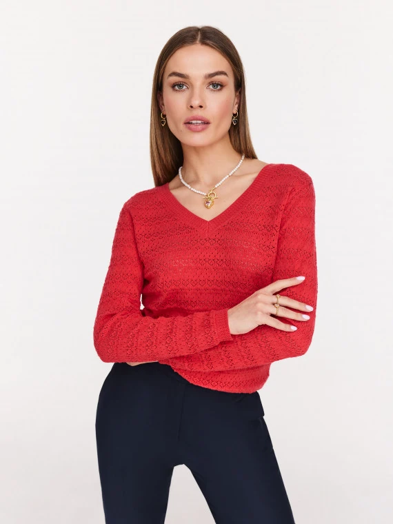 Red openwork sweater with V neckline