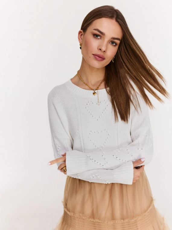 Cotton white sweater with openwork inserts