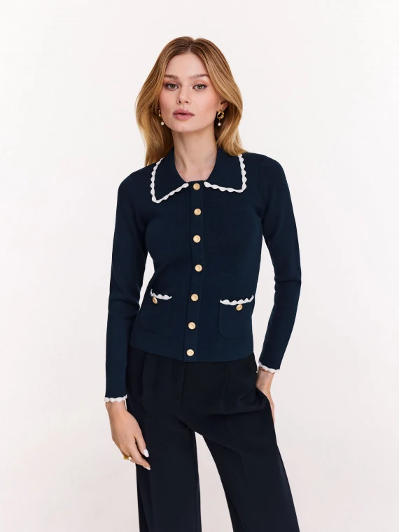 Navy blue cardigan with decorative buttons