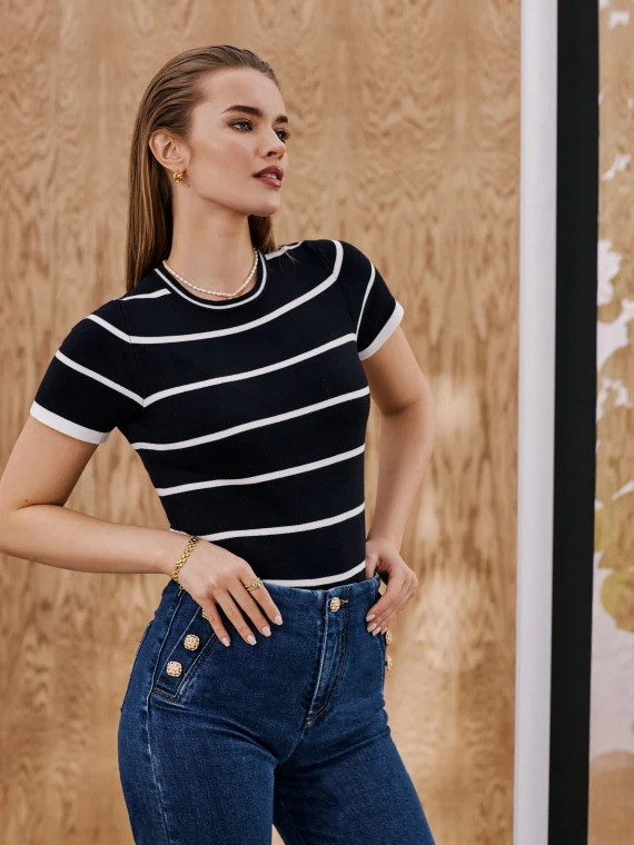 Navy blue striped sweater with short sleeves