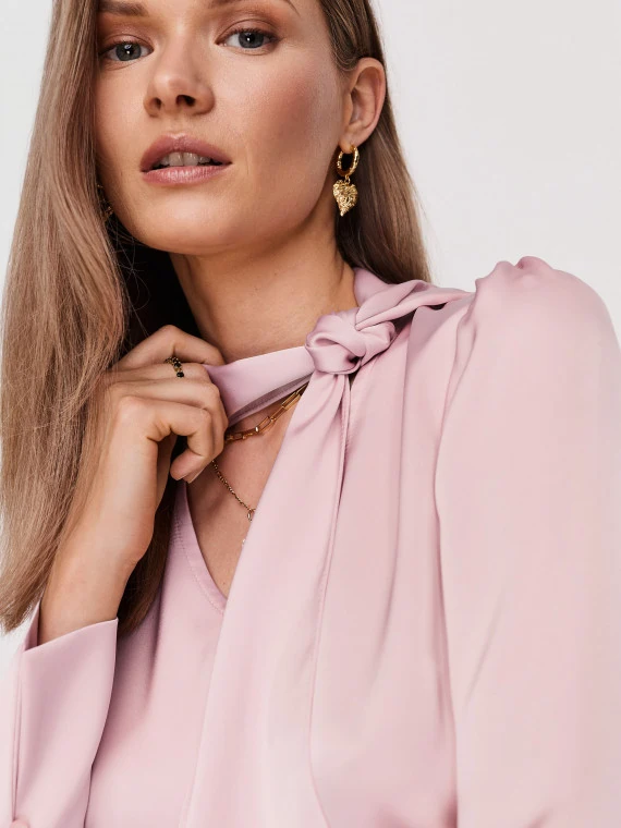 Pink satin blouse with neck ties