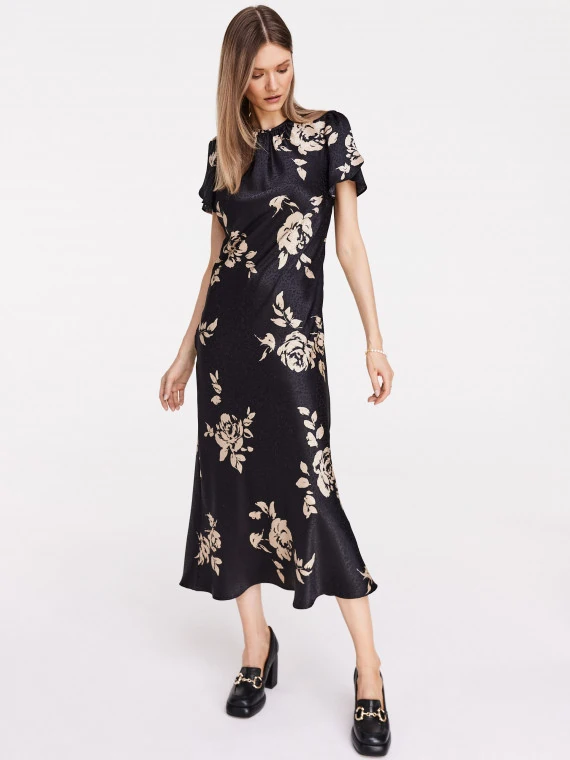 Black satin floral dress