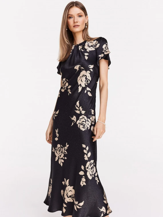 Black satin floral dress