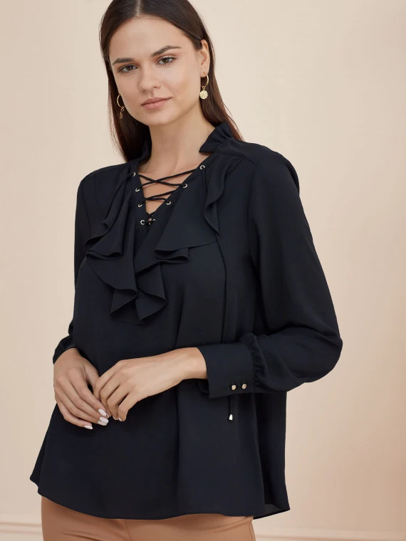 BLACK BLOUSE WITH LACED NECKLINE