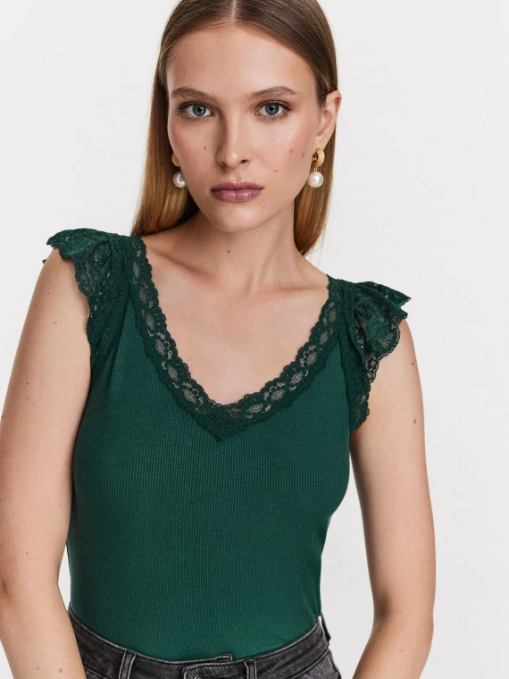 Bottle green top with lace straps