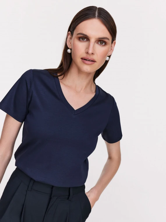 Navy blue short sleeve blouse with silk blend